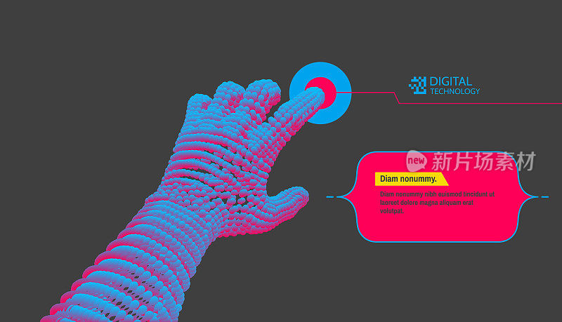 The hand presses the index finger on the button a virtual interface.  Technologies of the future. Connection structure. 3D vector illustration for science, technology or education.